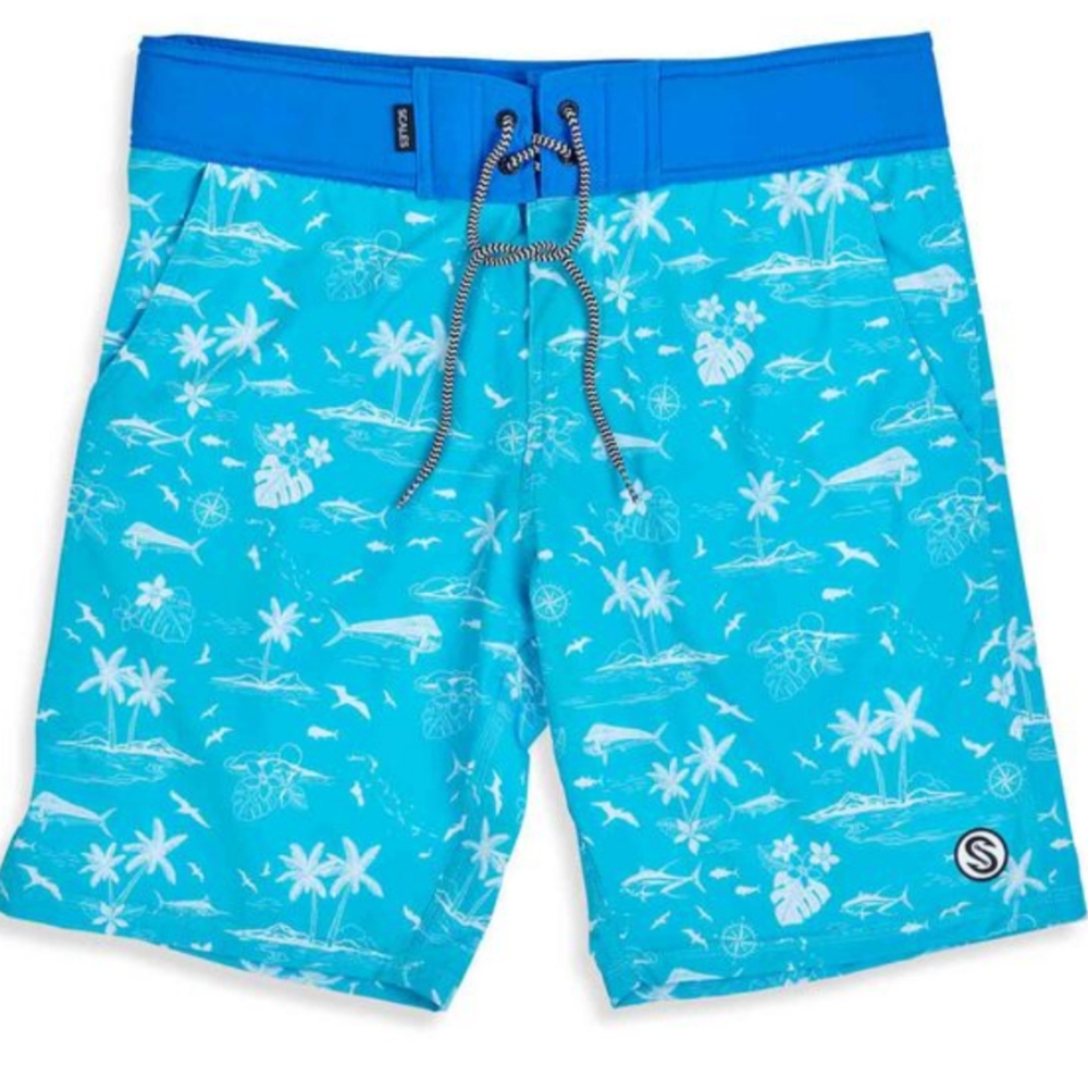 Scales Men’s Teal Blue Tropical Print First Mates Swim Boardshorts Size 36